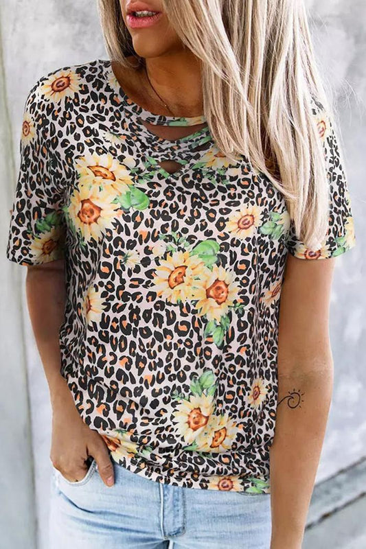 Sunflower Leopard Tee With Cage V Neck