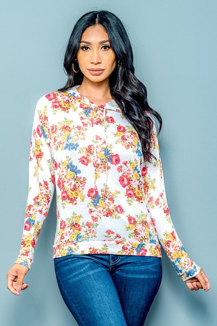 Soft Knit Floral Hoodie With Drawstrings
