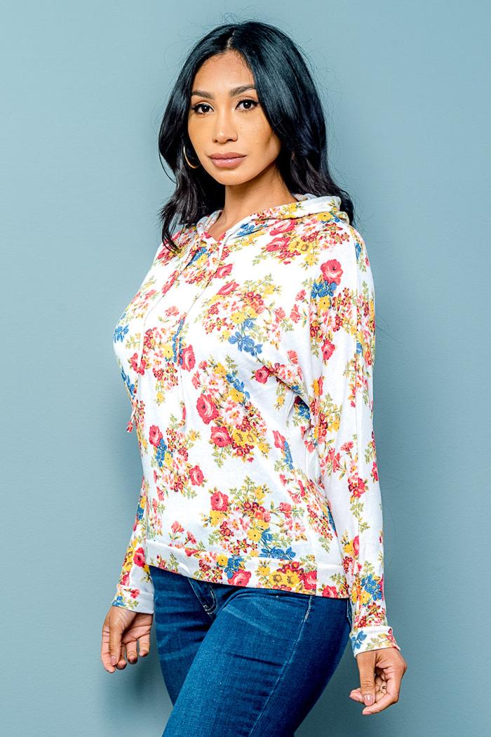 Soft Knit Floral Hoodie With Drawstrings