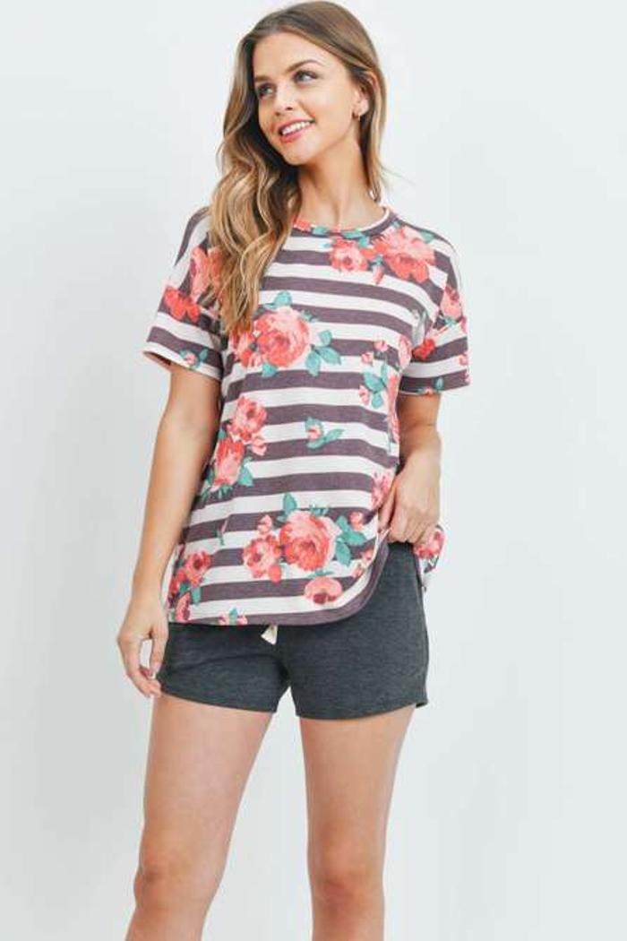 Short Sleeved Striped Floral Tee