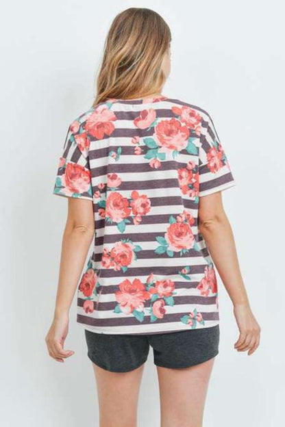 Short Sleeved Striped Floral Tee