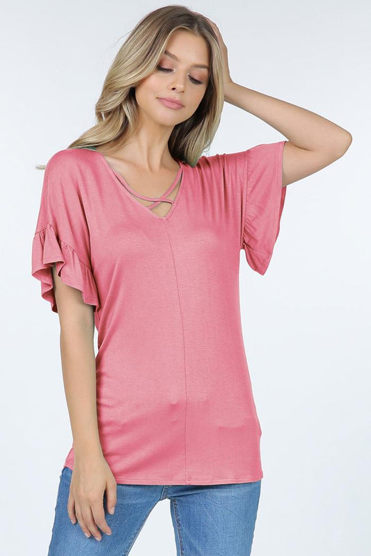 Short ruffle sleeve top with front