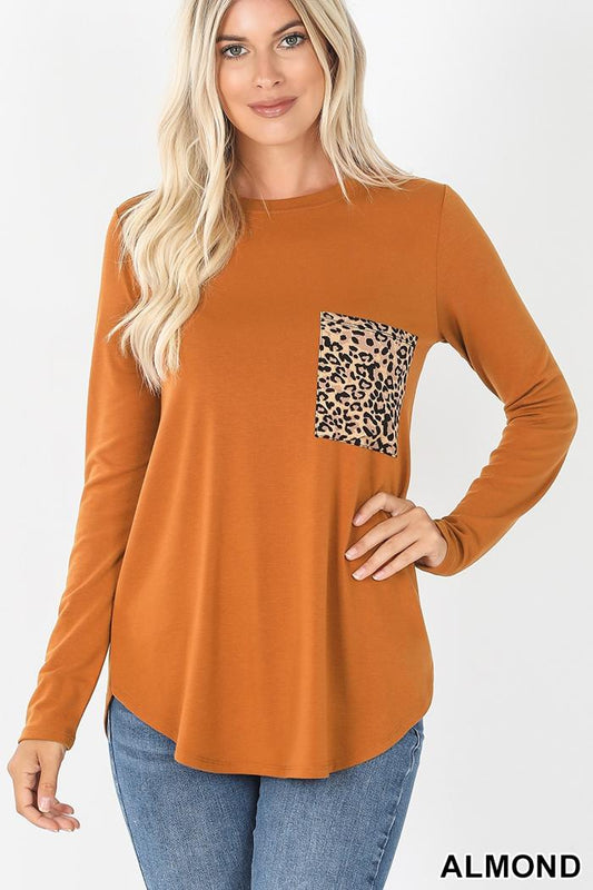 Round Neck Leopard Print Pocket Top