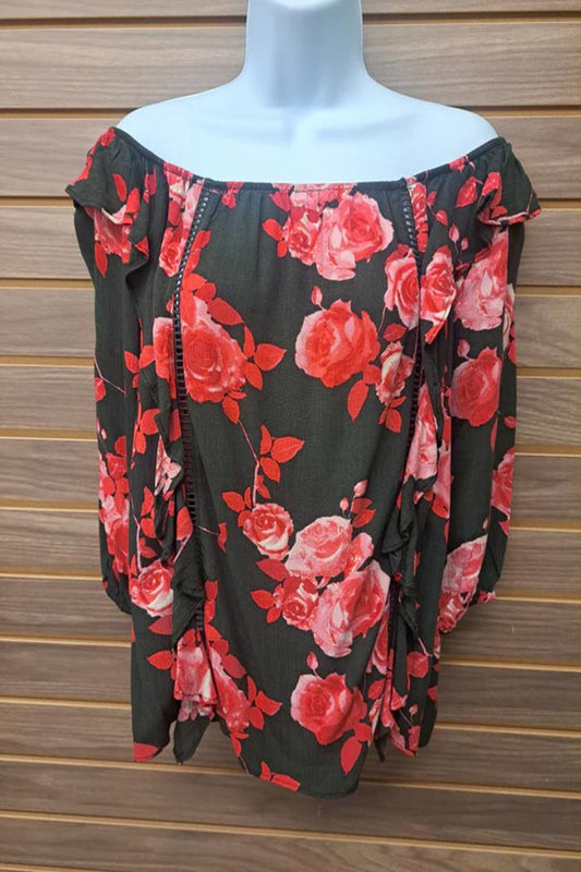 Roses On Black Ruffle Off Shoulder Blouse