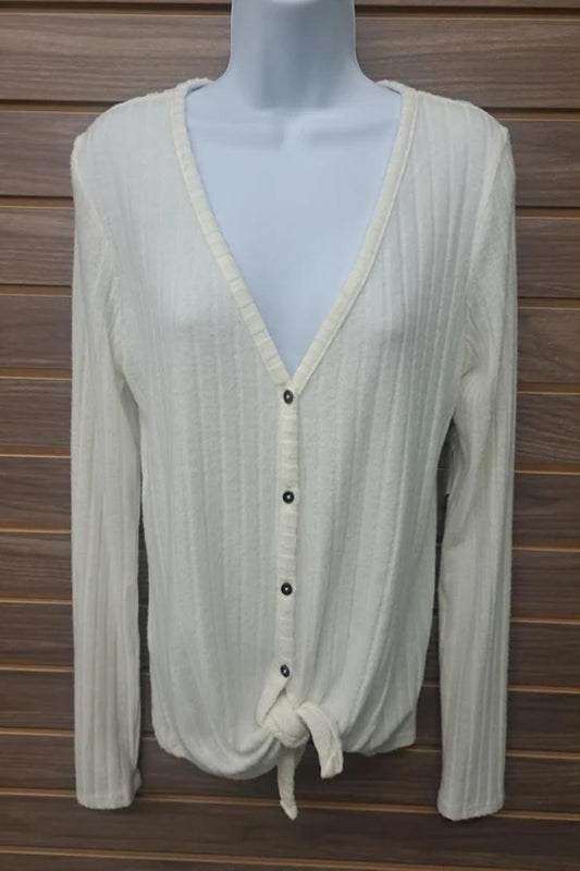 Ribbed button down V neck tie front top