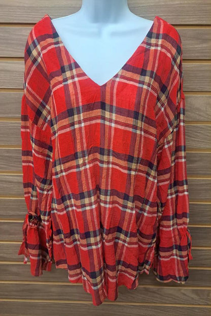 Red plaid tie sleeve V neck