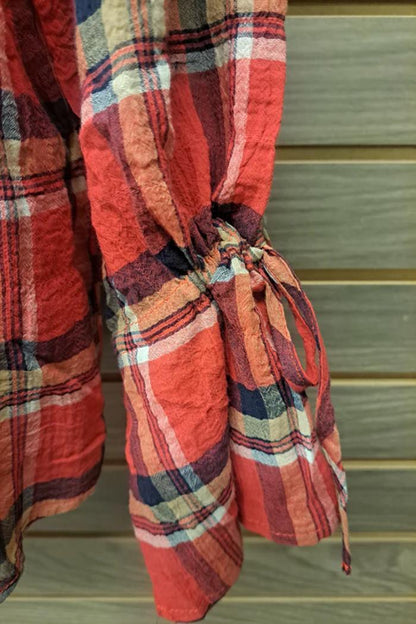 Red plaid tie sleeve V neck