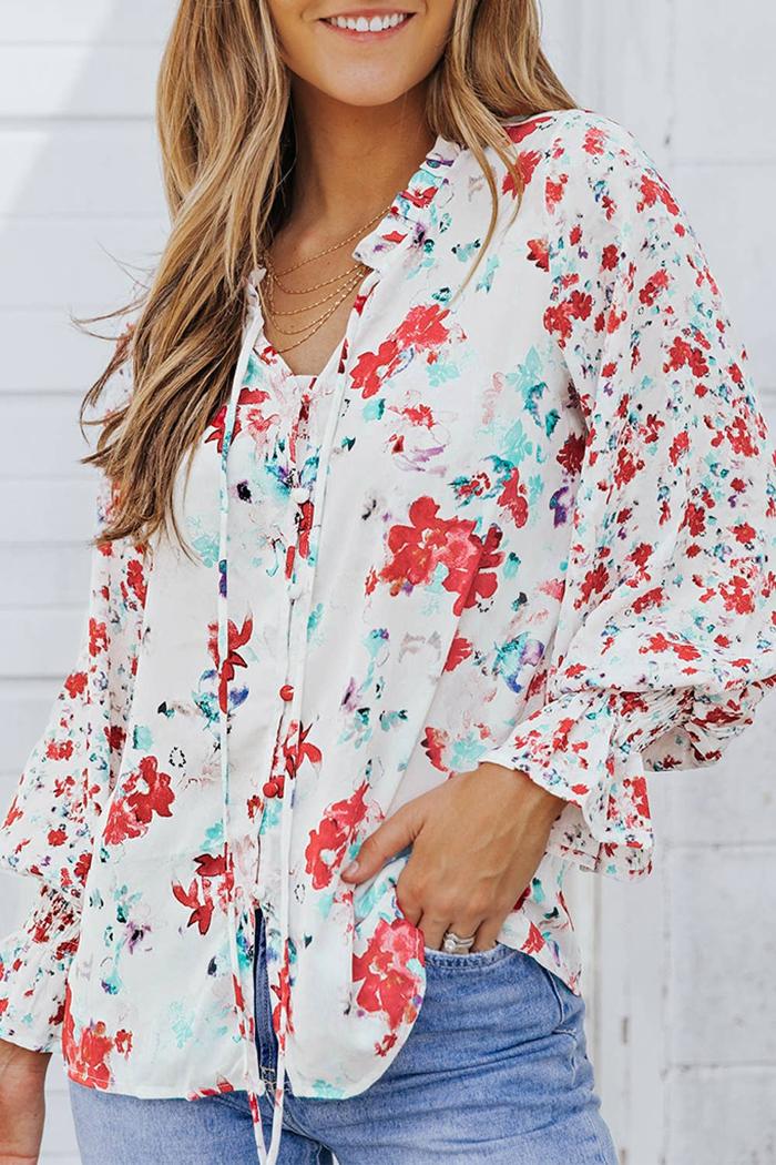 Red Floral Smocked Blouse