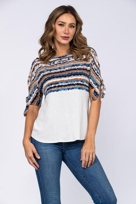 Print Contrast Top With Tie At Sleeves