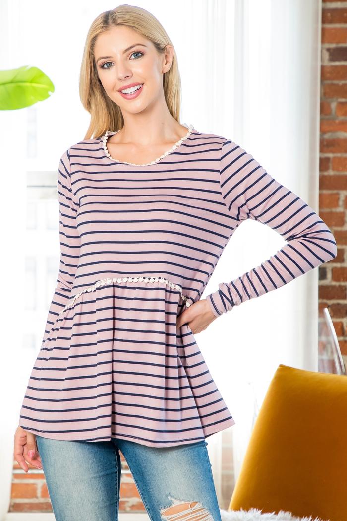 Pompom Detail Long Sleeve Stripes Top