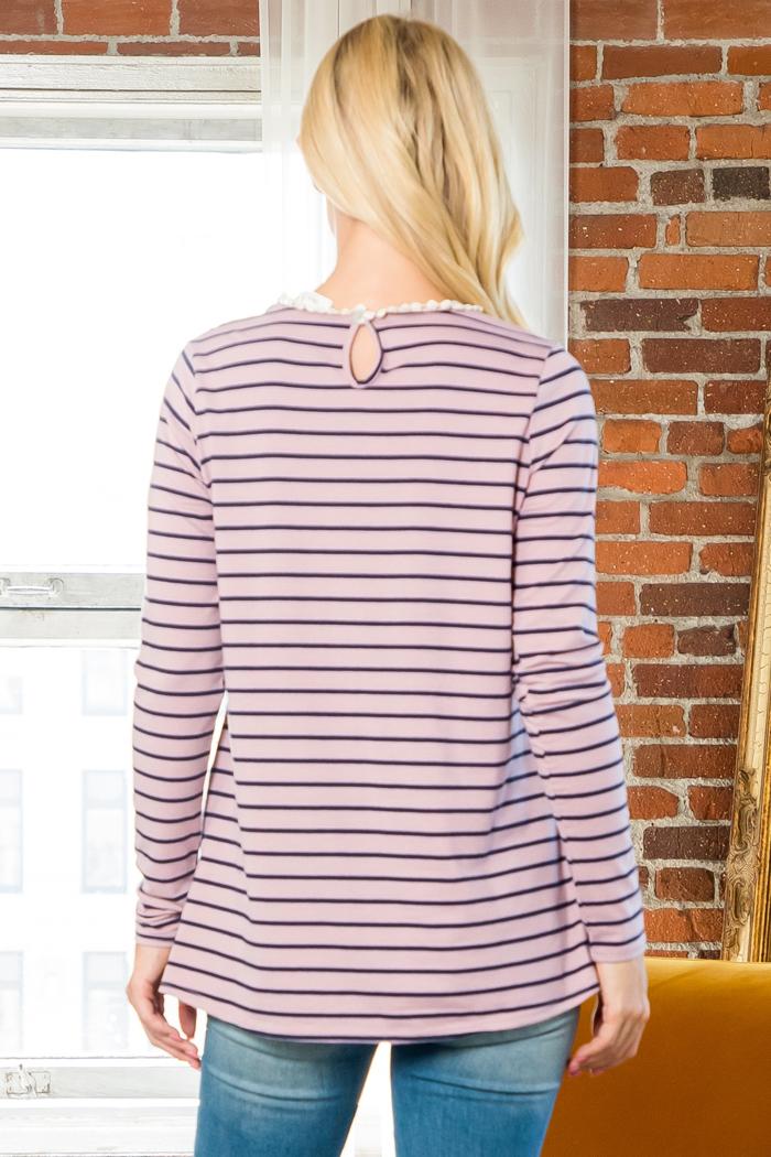 Pompom Detail Long Sleeve Stripes Top