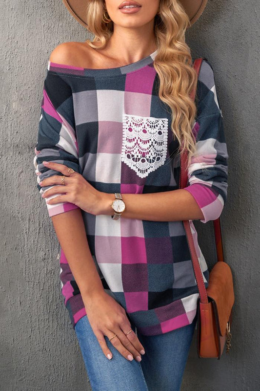 Plaid Print Lace Pocket Top