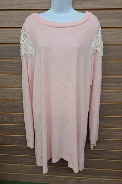 Pink W/ Cream Lace Shoulder Long Sleeve