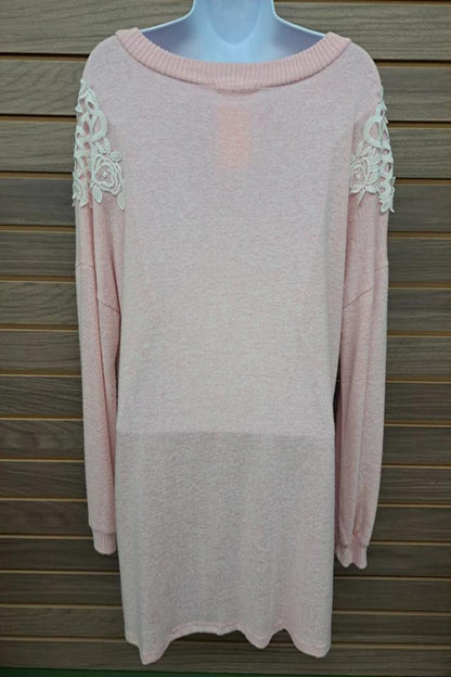 Pink W/ Cream Lace Shoulder Long Sleeve