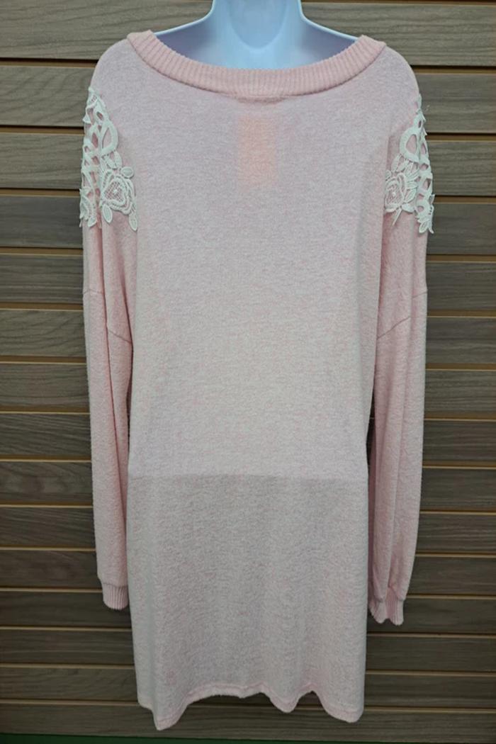 Pink W/ Cream Lace Shoulder Long Sleeve