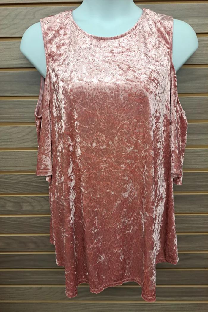Pink Velour Cold Shoulder One Top Button Back