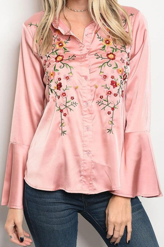 Pink Satin Embroidery Button Up Blouse