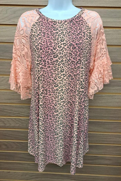 Pink Leopard Lace Bell Sleeve Blouse