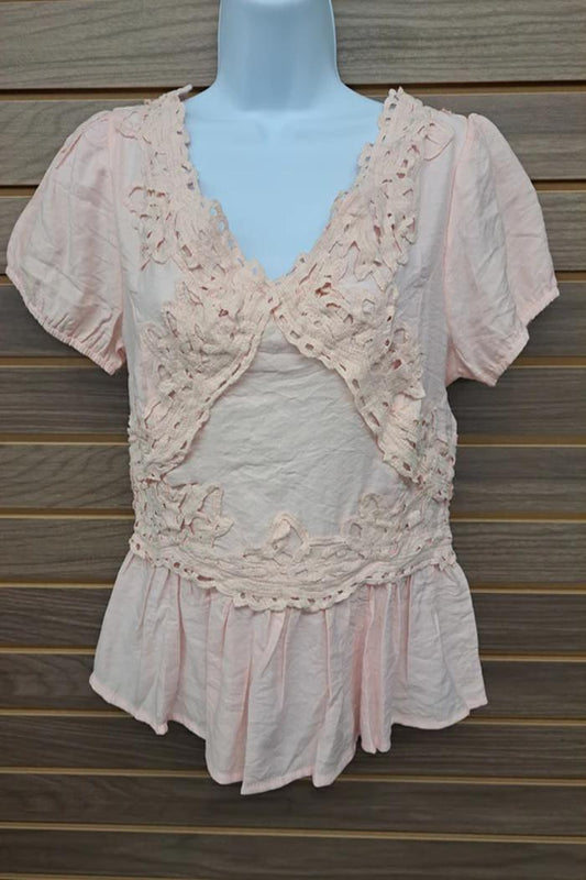 Pink Lace Ruffle Dble V Neck Half Zip Back