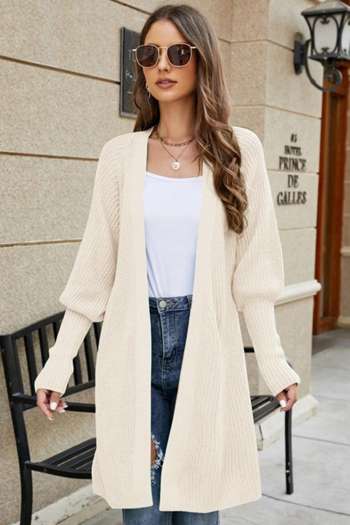 Fitted Rib Cuff Open Front Knit Cardigan