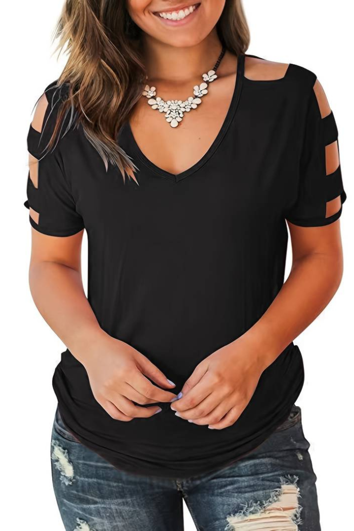 V Neck Short Sleeve Top With Arm Cut
