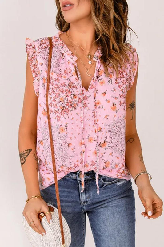Pink Floral Tie Sleeveless Top