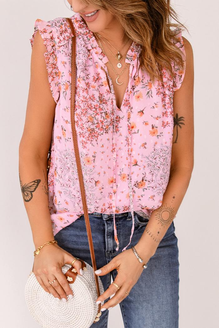 Pink Floral Tie Sleeveless Top