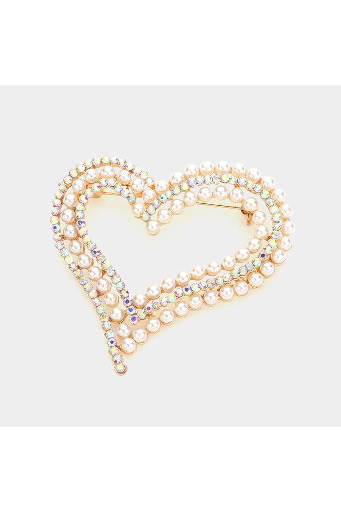 Pearl Rhinestone Embellished Open Heart Pin Brooch