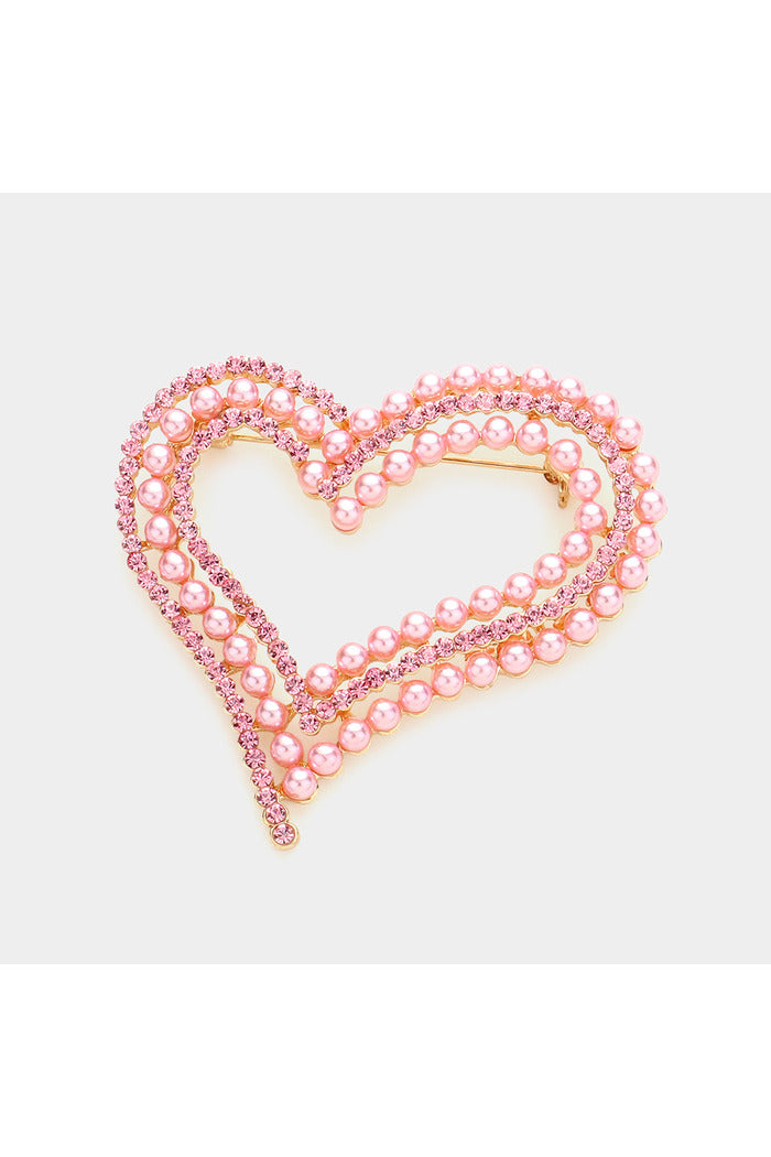 Pearl Rhinestone Embellished Open Heart Pin Brooch