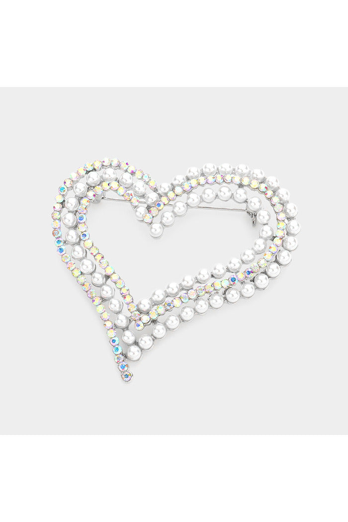 Pearl Rhinestone Embellished Open Heart Pin Brooch