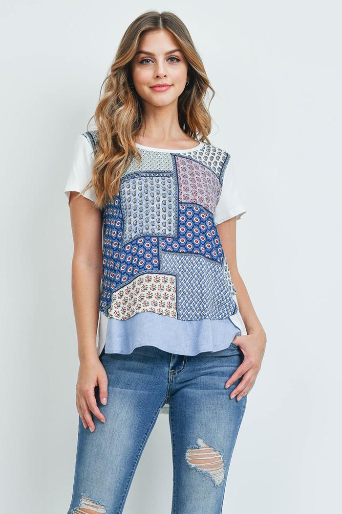 Patchwork Print Contrast Top