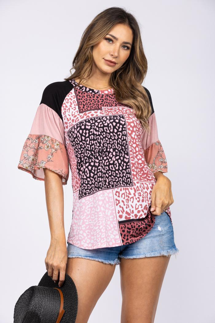 Patchwork Print Bell Sleeve Top