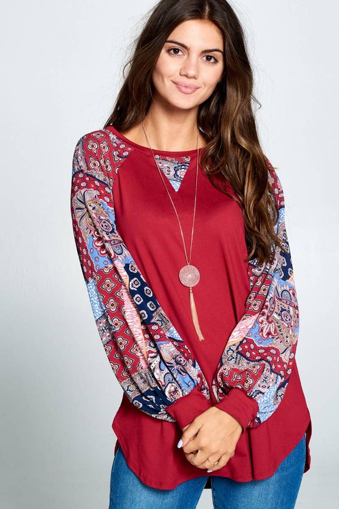 Patchwork Balloon Sleeve Raglan Top