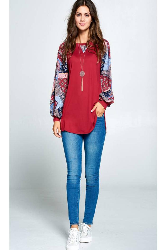 Patchwork Balloon Sleeve Raglan Top