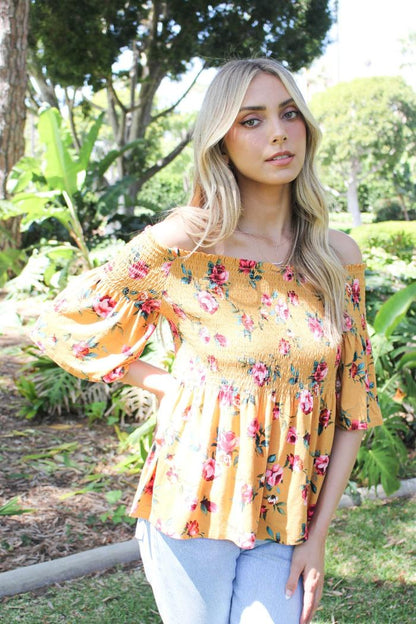 Off Shoulder Shirred Floral Top