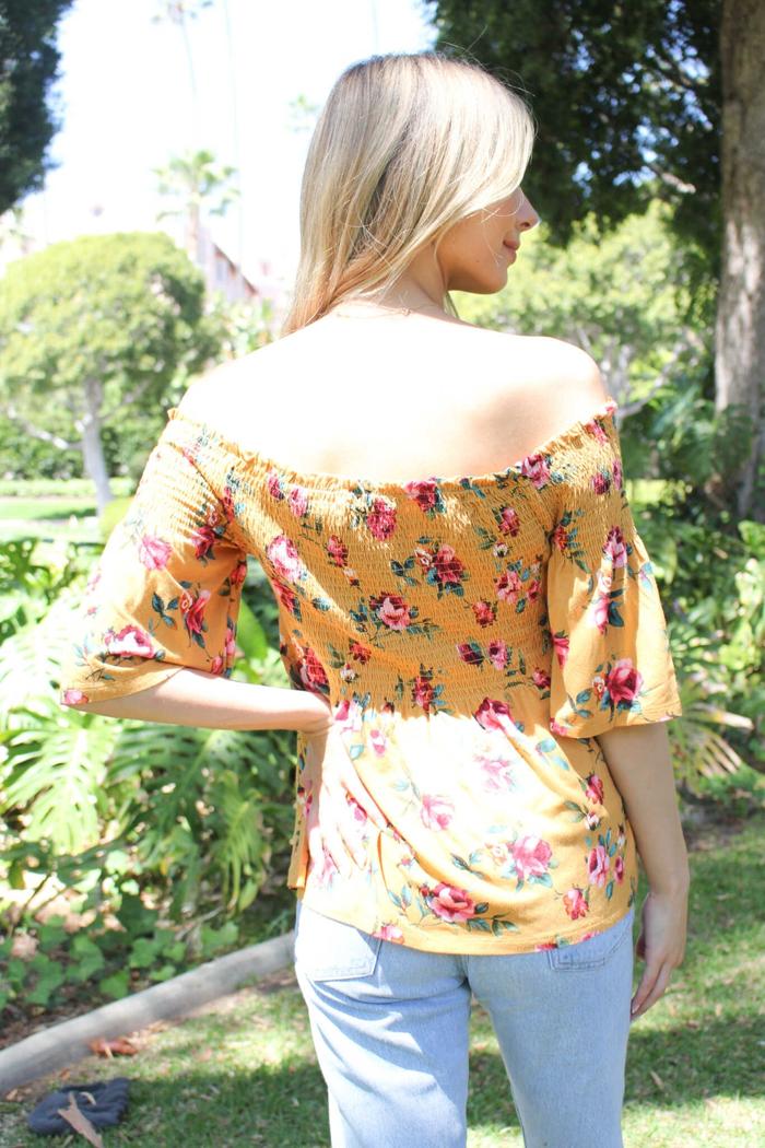 Off Shoulder Shirred Floral Top