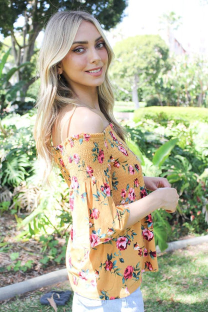 Off Shoulder Shirred Floral Top