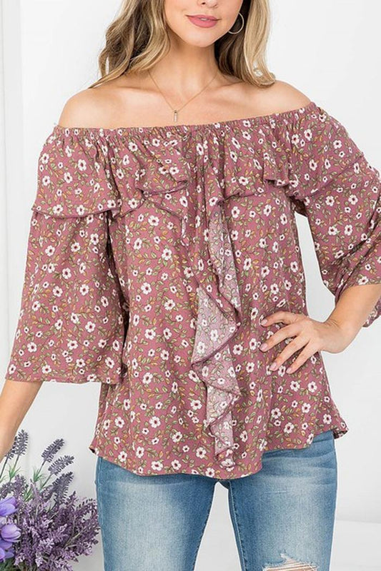 Off Shoulder Ruffle Detail Floral Print Top