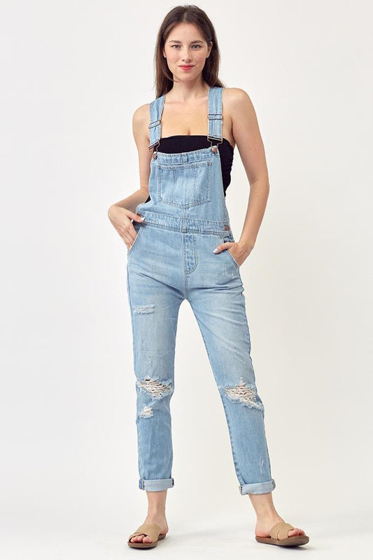 Non-Stretch Relaxed Fit Distressed Overalls