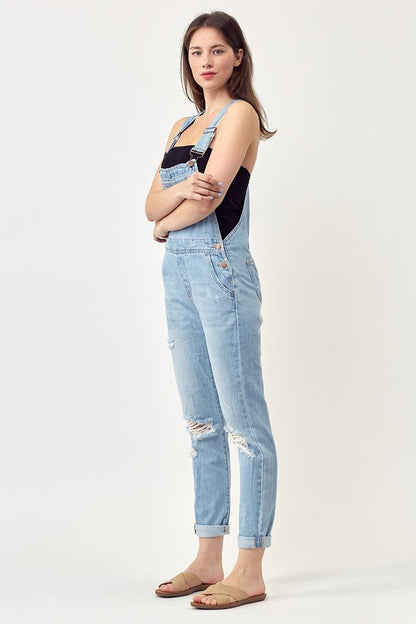 Non-Stretch Relaxed Fit Distressed Overalls