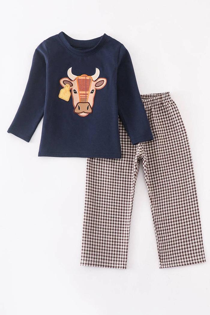 Navy Cow Applique Plaid Pant