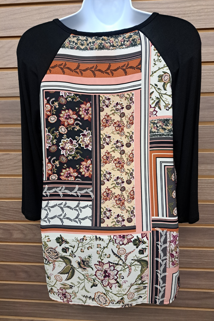 3/4 sleeve black and floral print