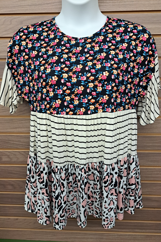 Color block floral stripe leopard short sleeve