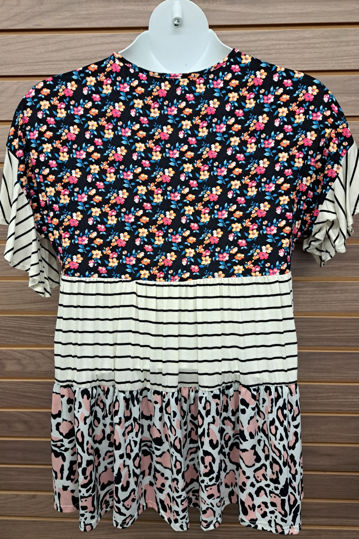 Color block floral stripe leopard short sleeve