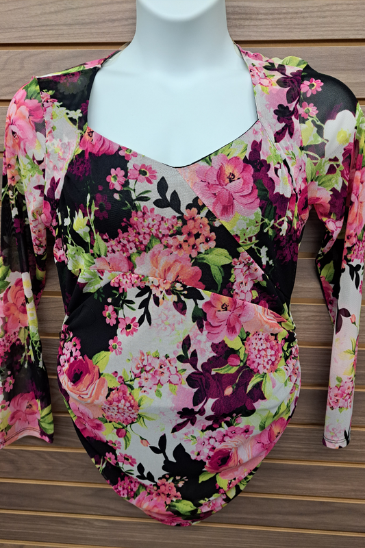 Black Pink floral mesh long sleeved