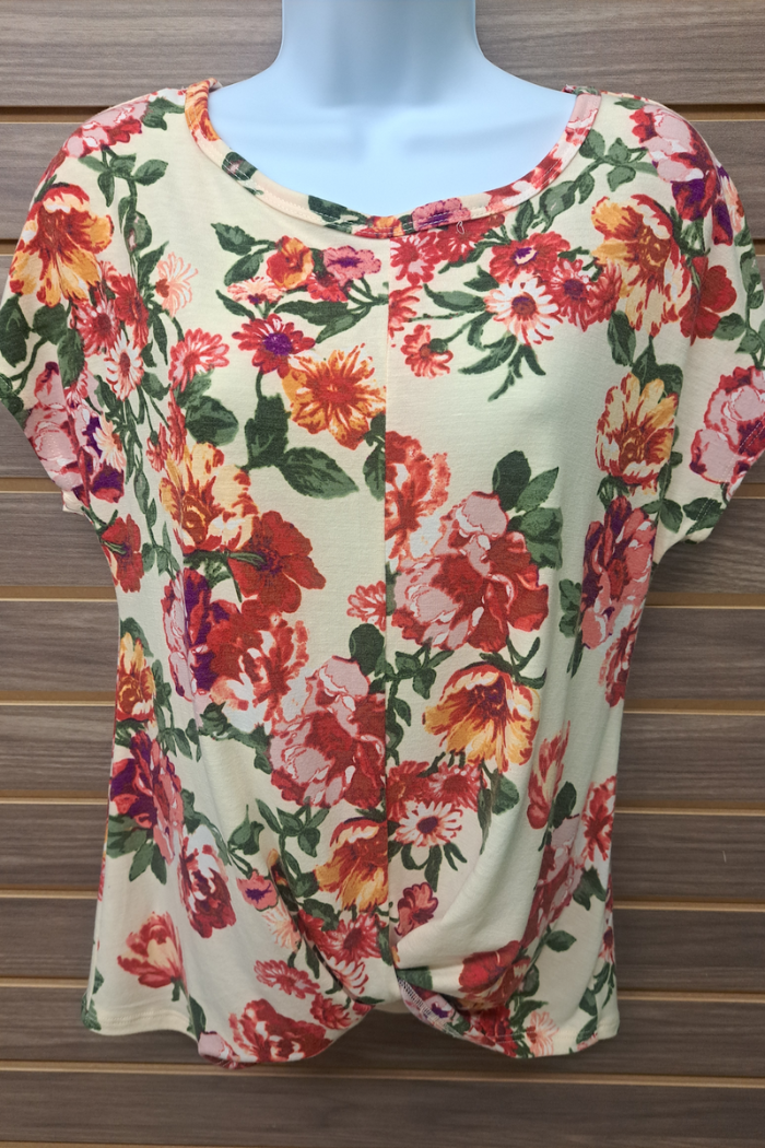 Cream floral front knot tee