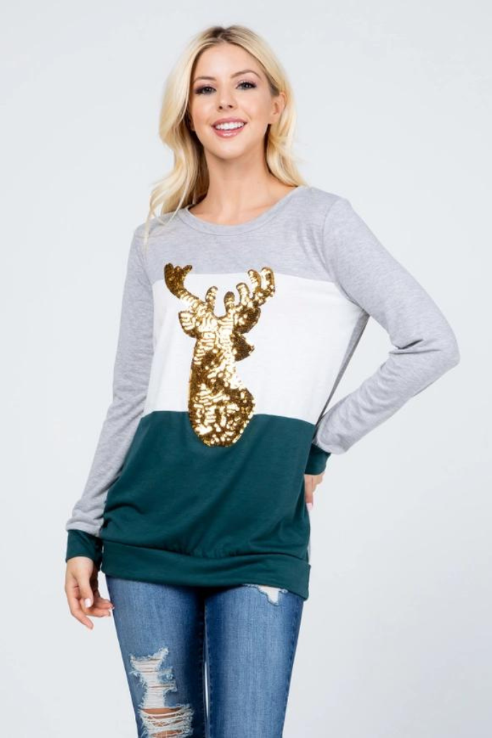 Plus Christmas Reindeer Sequin Long Sleeve Top