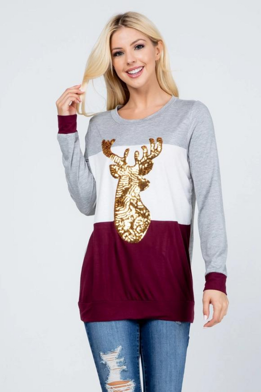 Christmas Reindeer Sequin Long Sleeve Top