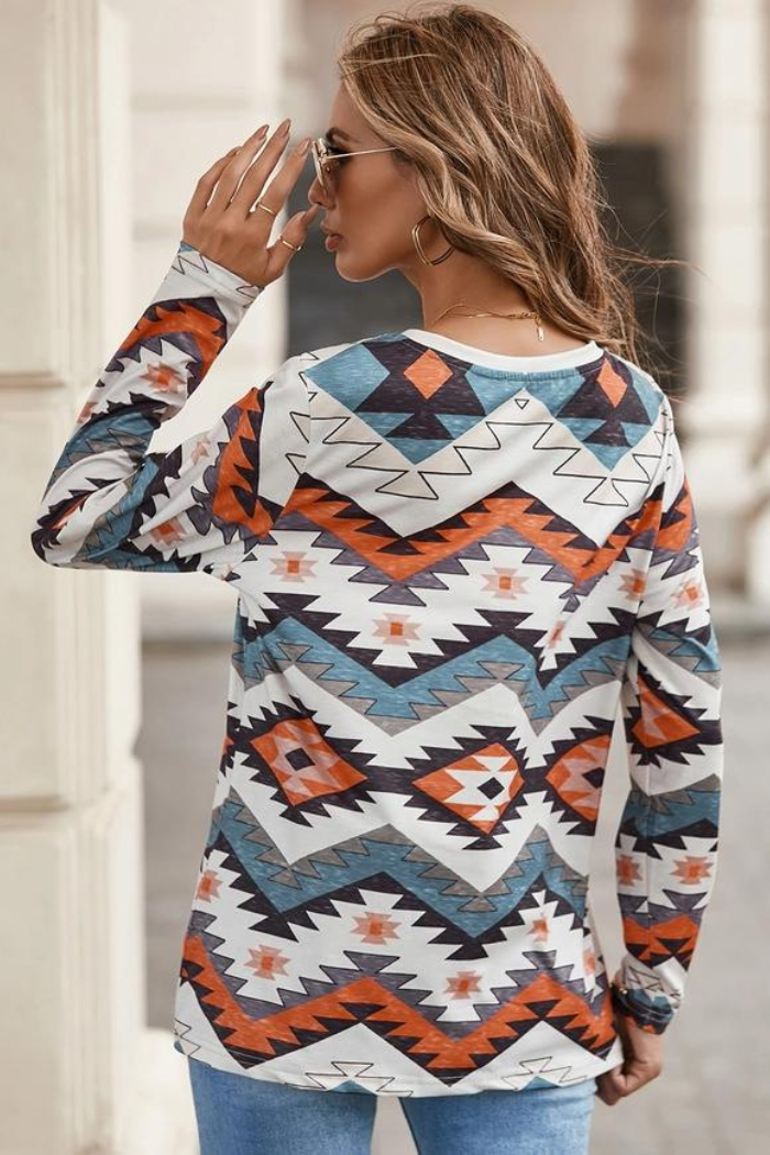 Multicolor Western Print V Neck Long Sleeve Top