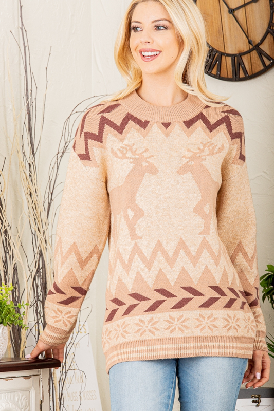 Reindeer Print Long Sleeve Sweater